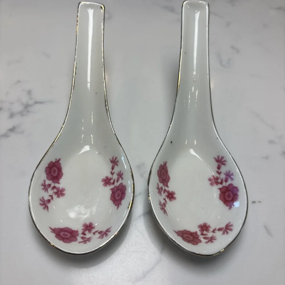 VTG Chinese Porcelain Spoons Pink Roses Floral Gold Edging 5